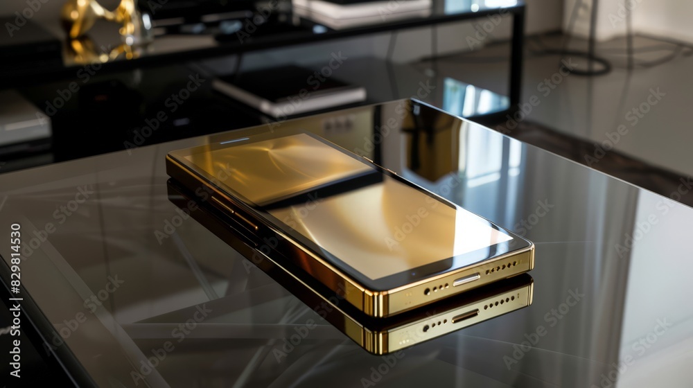 A gold-plated smartphone on a sleek black table, representing modern luxury and technology. The phone's design and finish emphasize its premium quality. A gold-plated smartphone on a sleek black table, representing modern luxury and technology. The phone's design and finish emphasize its premium quality.