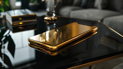 A gold-plated smartphone on a sleek black table, representing modern luxury and technology. The phone's design and finish emphasize its premium quality. © peerawat