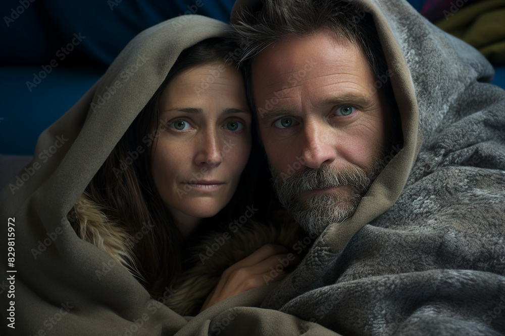 Middle aged couple pensioners enjoying together wrapped plaid cozy home generative AI portrait Middle aged couple pensioners enjoying together wrapped plaid cozy home generative AI portrait