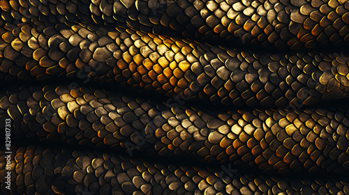 Extreme closeup of python snake dragon skin texture beautiful gold scales pattern design shinning 