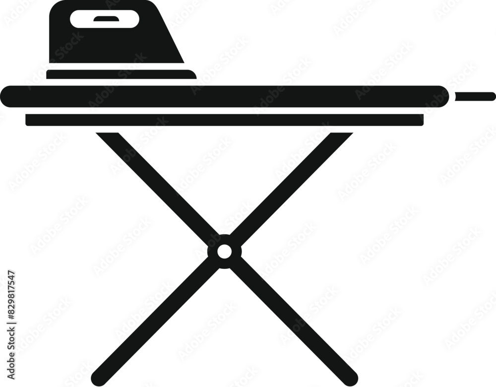 Simple black and white icon representing a clothes iron on an ironing board