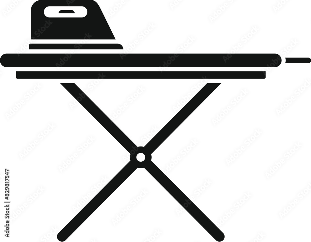 Simple black and white icon representing a clothes iron on an ironing board Simple black and white icon representing a clothes iron on an ironing board