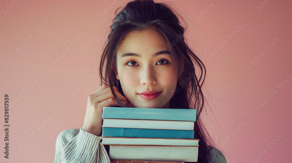 Engaging portrait of a young Asian woman holding a stack of books, set against a soft pink background, embodying a blend of youth and knowledge. Engaging portrait of a young Asian woman holding a stack of books, set against a soft pink background, embodying a blend of youth and knowledge.