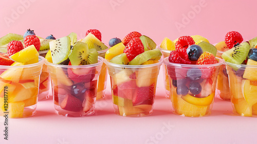 Fresh tasty fruit salad in plastic cups on pink background