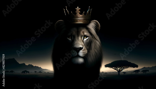 Portrait of a lion in dim light with a crown on his head. In the background the savannah at night. Lion King