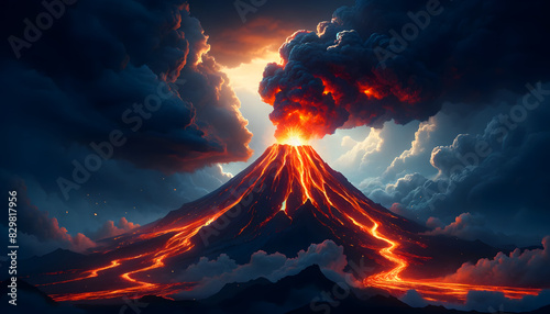 A large volcano erupting lava, with a dramatic and intense scene. The sky is dark with ash clouds.
