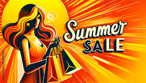 Summer sales banner with vibrant orange and yellow background with fashion woman holding shopping bags