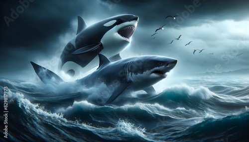 A great white shark and a large killer whale emerge from the ocean waters. The scene is dramatic and intense, set in an ocean with turbulent waters