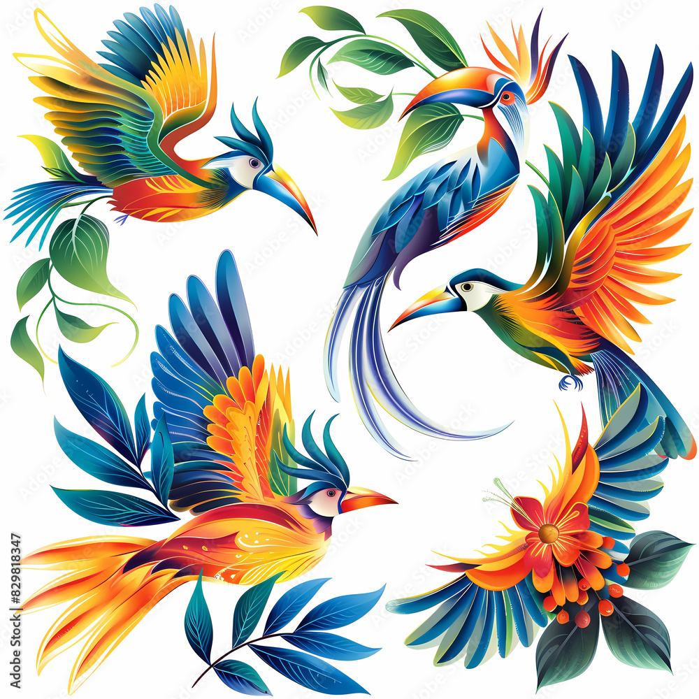 a Set Cute Superb Bird of Paradise on a White Canvas Sticker,vector image