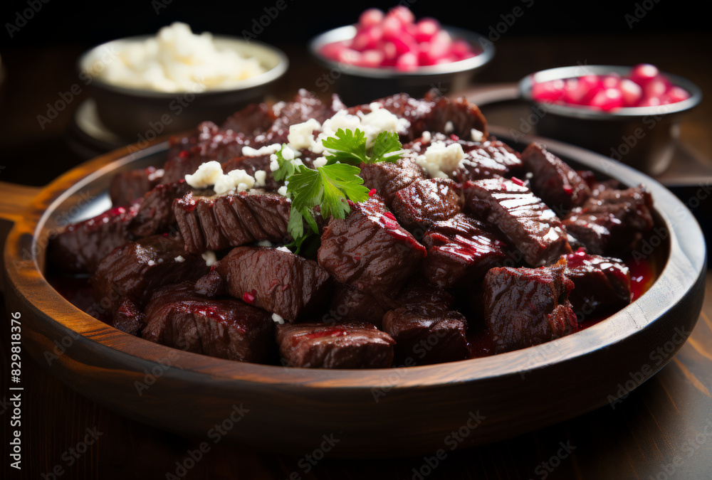 Delicious Beef Dish with Cheese on Wooden Plate