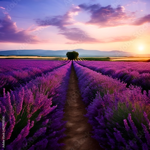 A field of lavender in full bloom  with rows of purple flowers stretching towards the horizon in the French countryside.