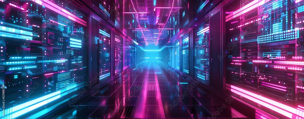 3D render of a data center with rows and columns of computer systems in a closeup view. A futuristic abstract background with neon light effects and holographic projections on the walls, creating an i