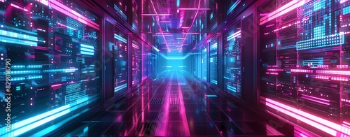 3D render of a data center with rows and columns of computer systems in a closeup view. A futuristic abstract background with neon light effects and holographic projections on the walls, creating an i