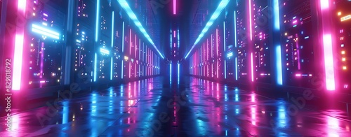 3D render of a data center with many virtual machines, glowing lights and neon colors. Concept for cloud computing or a big super computer. Digital abstract background.