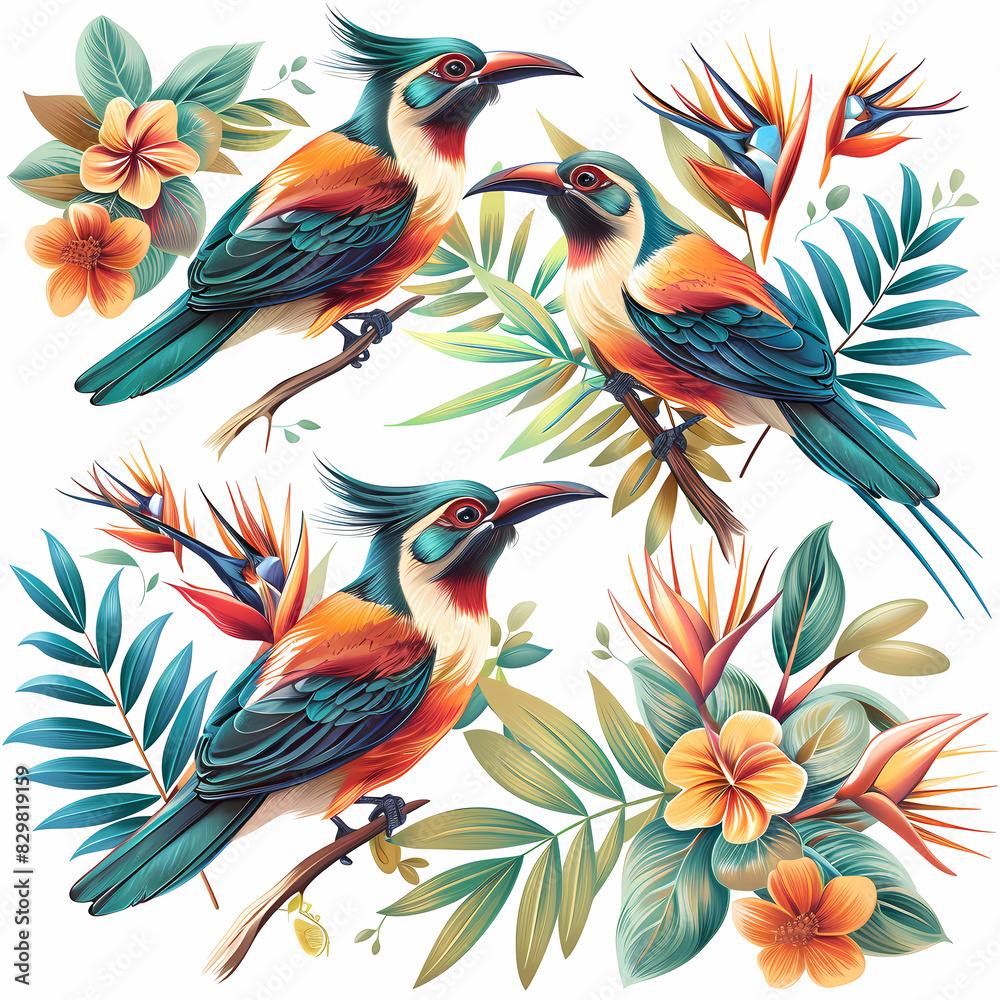 Obraz premium a Set Cute Superb Bird of Paradise on a White Canvas Sticker,vector image