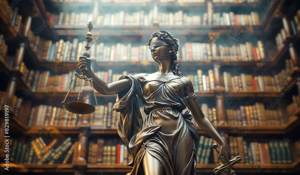 Statue of lady justice holding a sword and a scale in a library. Generative AI Statue of lady justice holding a sword and a scale in a library. Generative AI