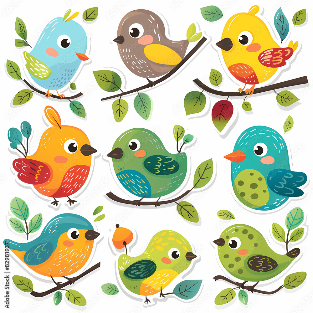 a Set Cute Bird on a White Canvas Sticker,vector image