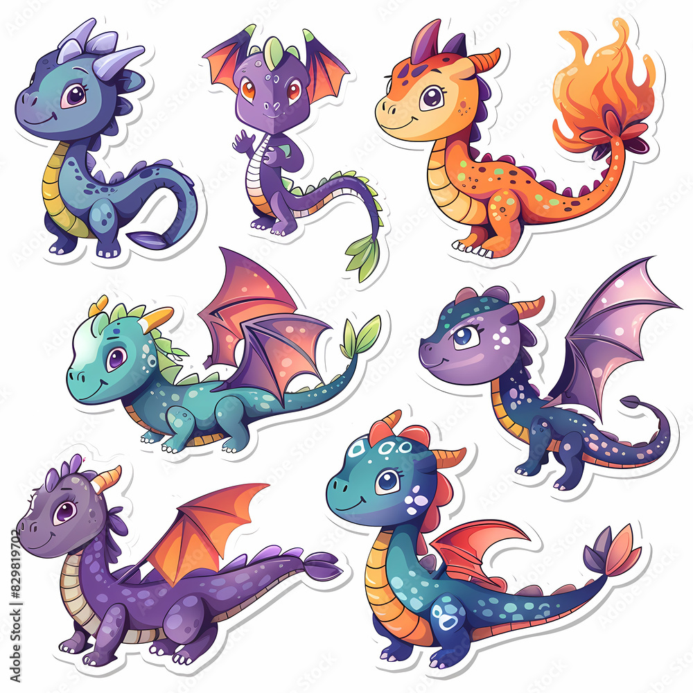 Obraz premium a Set Cute dragon on a White Canvas Sticker,vector image