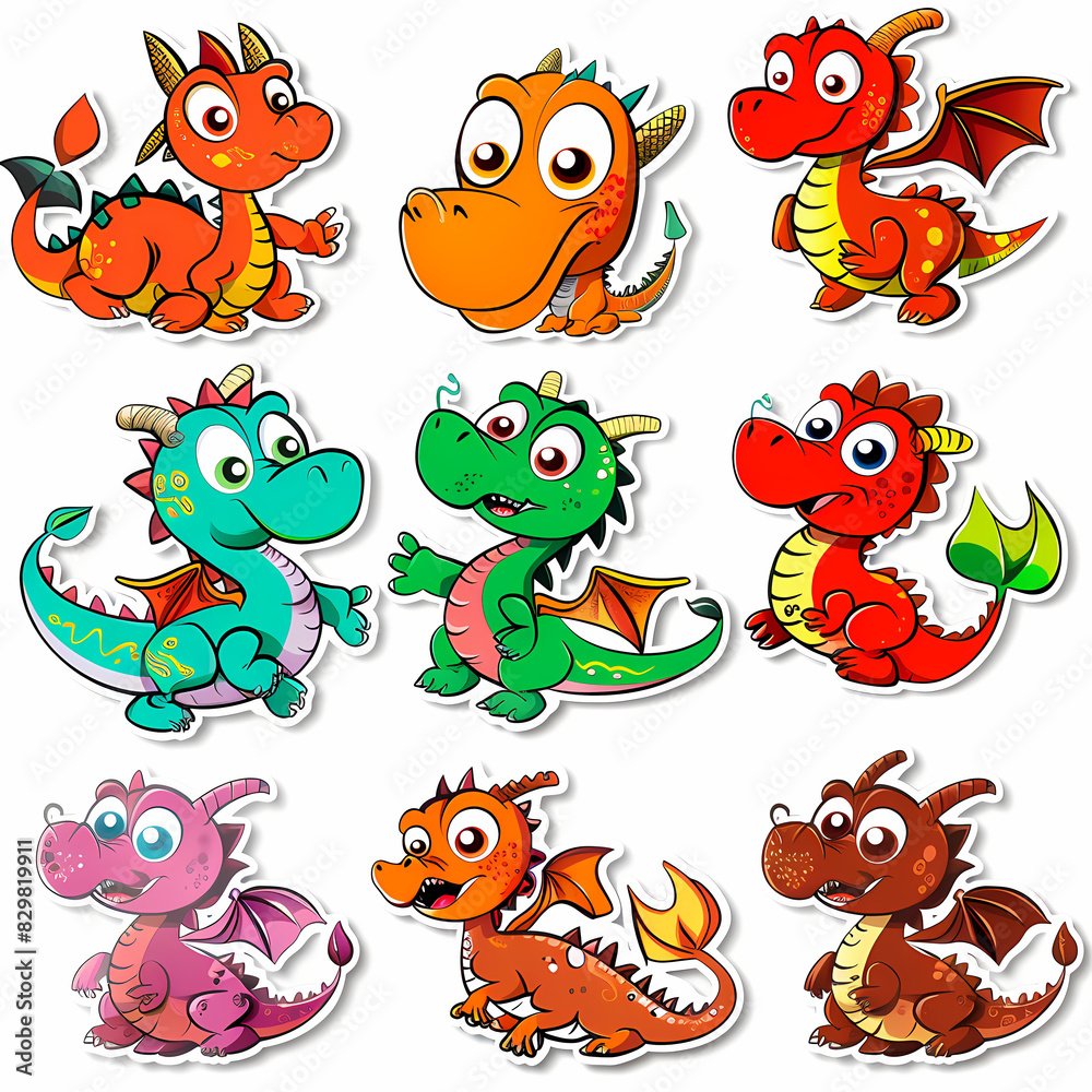 Obraz premium a Set Cute dragon on a White Canvas Sticker,vector image
