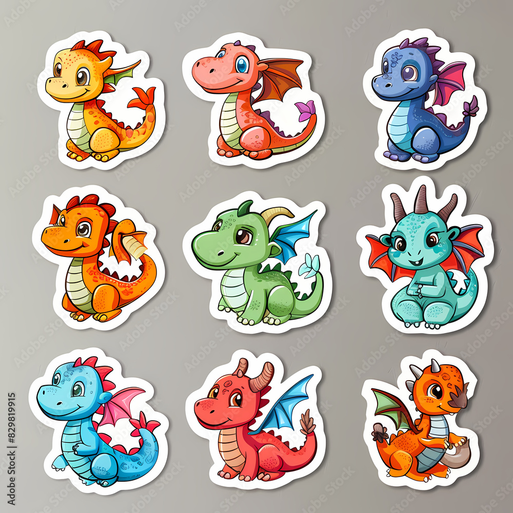Obraz premium a Set Cute dragon on a White Canvas Sticker,vector image