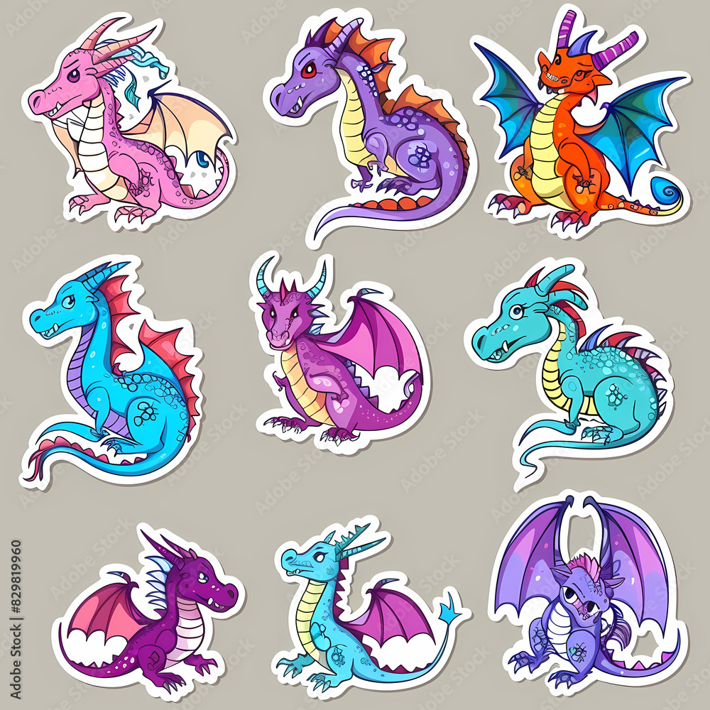 a Set Cute dragon on a White Canvas Sticker,vector image
