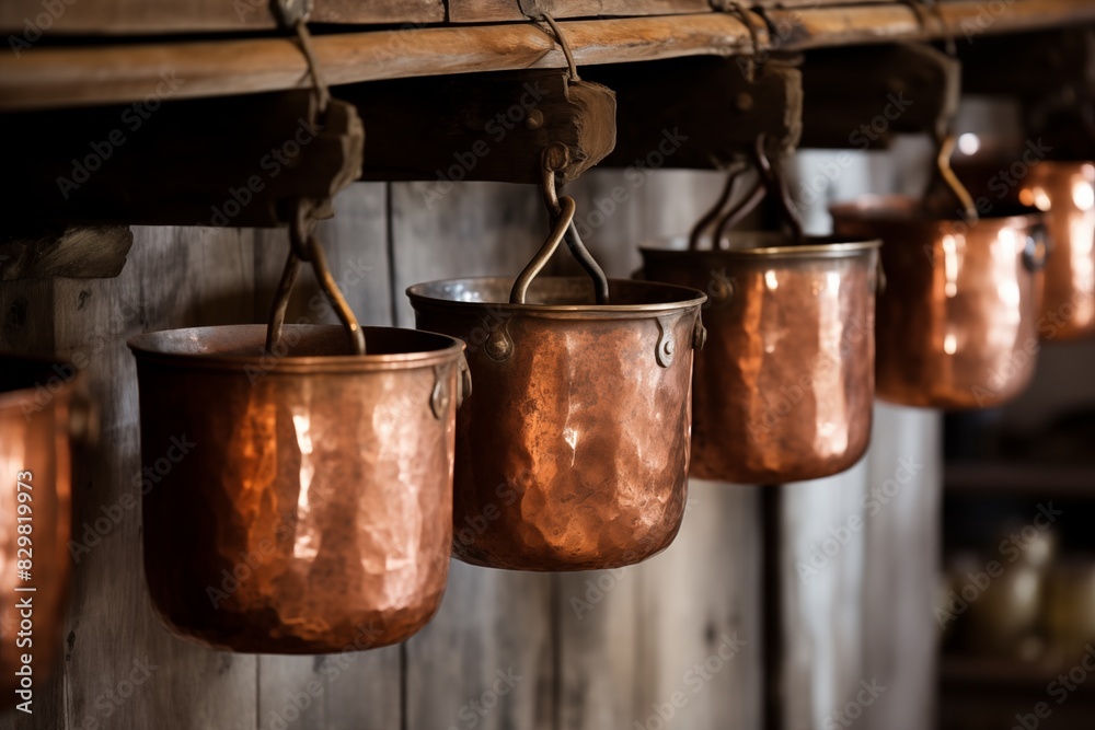 Close-up of weathered copper pots hanging in a rustic kitchen, showcasing their textured surfaces. Close-up of weathered copper pots hanging in a rustic kitchen, showcasing their textured surfaces.