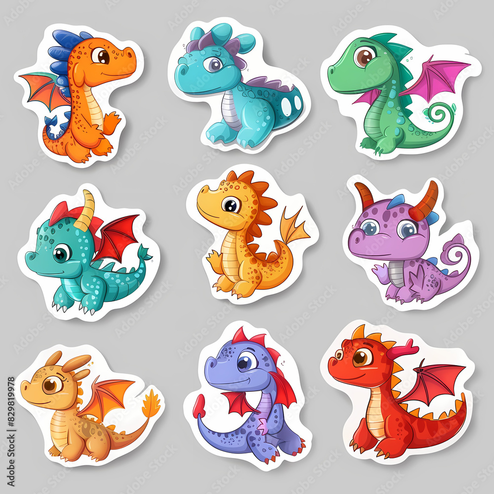 a Set Cute dragon on a White Canvas Sticker,vector image a Set Cute dragon on a White Canvas Sticker,vector image