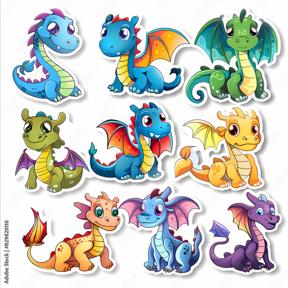 a Set Cute dragon on a White Canvas Sticker,vector image