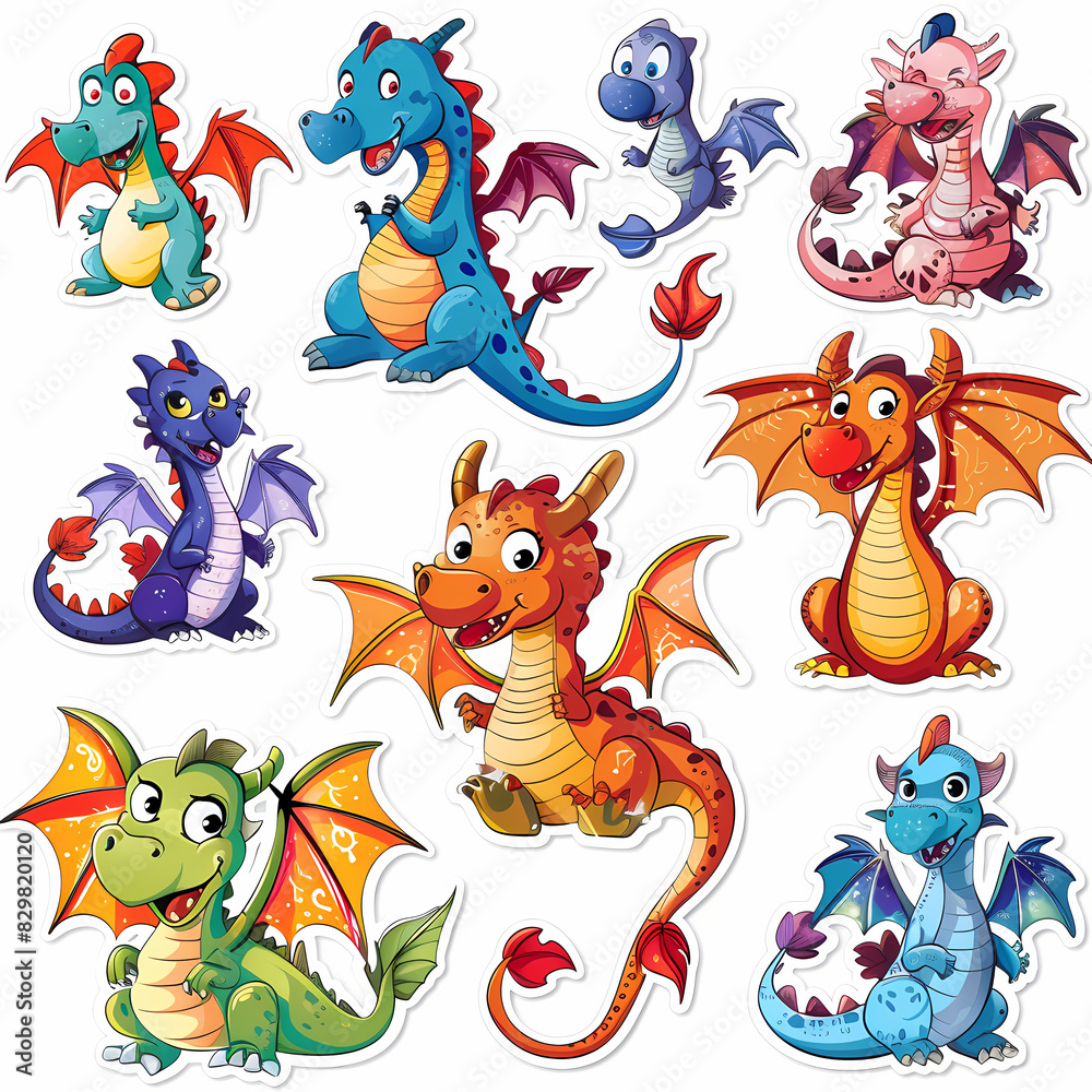 a Set Cute dragon on a White Canvas Sticker,vector image a Set Cute dragon on a White Canvas Sticker,vector image