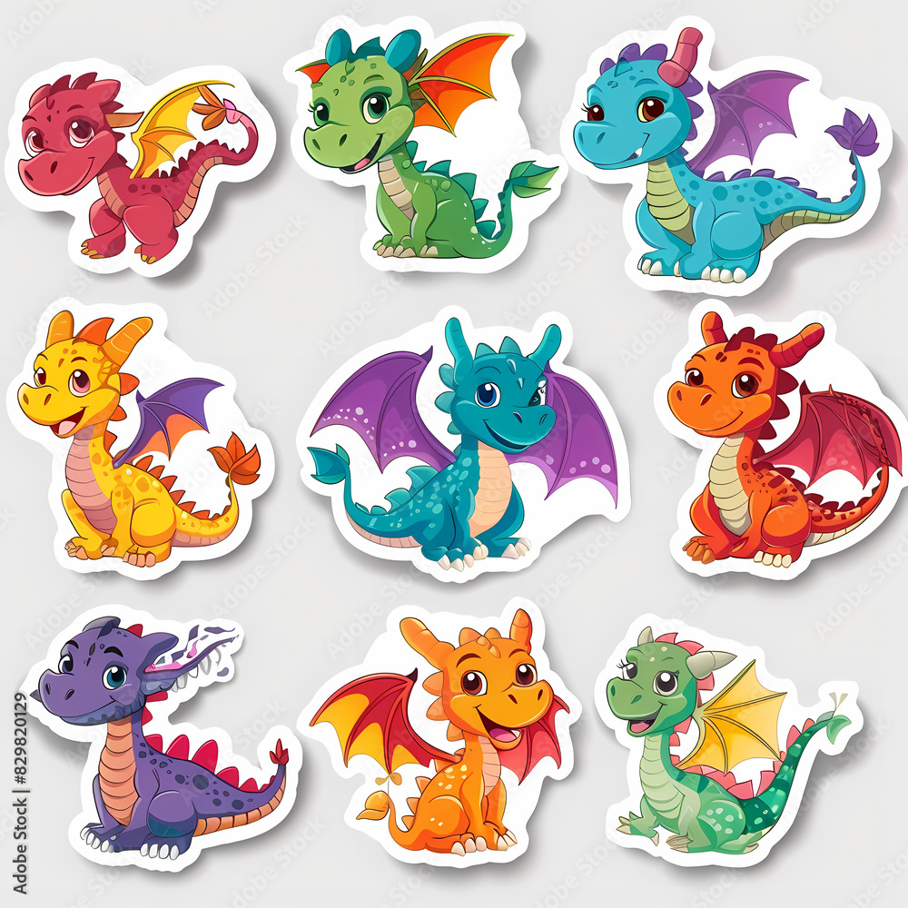 Obraz premium a Set Cute dragon on a White Canvas Sticker,vector image