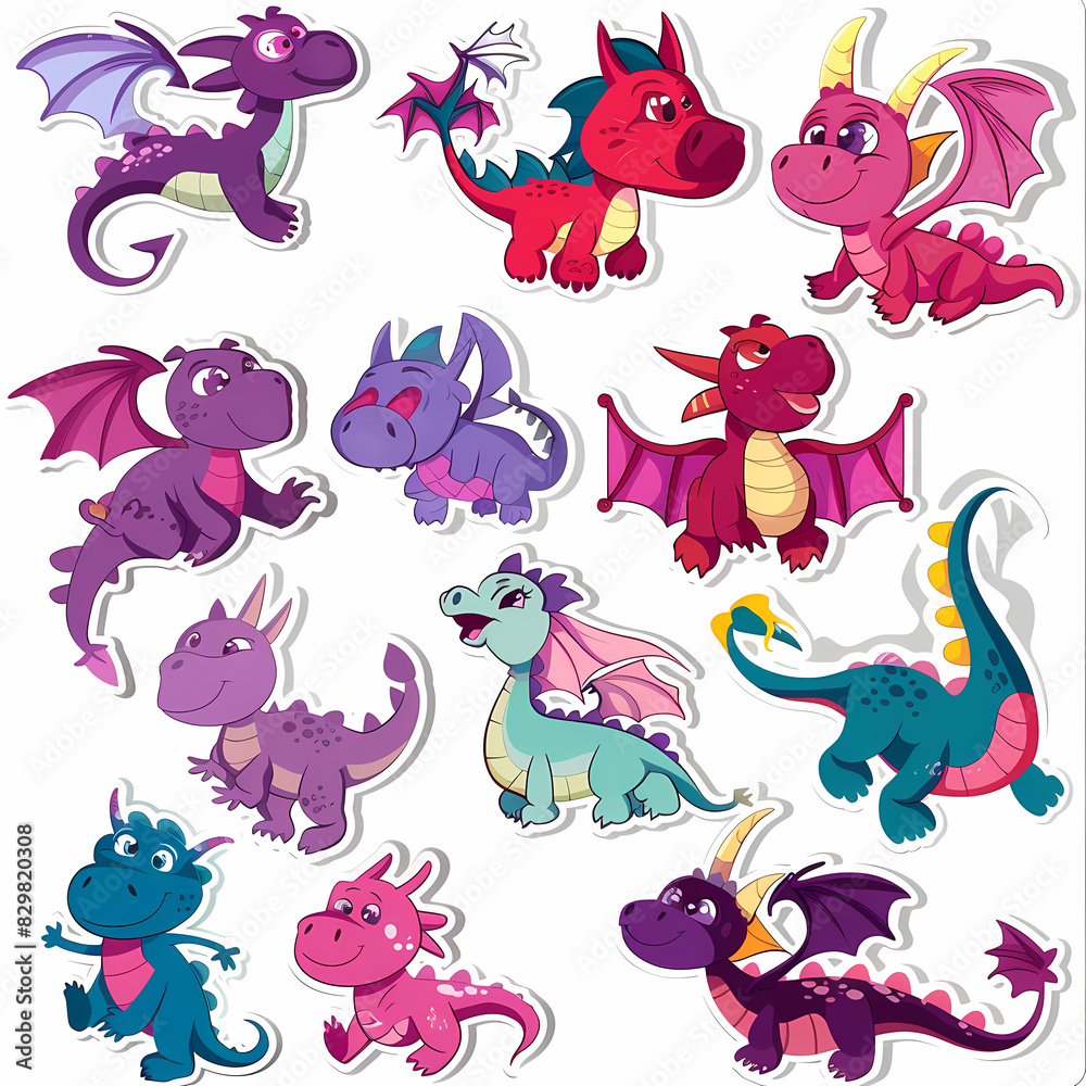 a Set Cute dragon on a White Canvas Sticker,vector image a Set Cute dragon on a White Canvas Sticker,vector image
