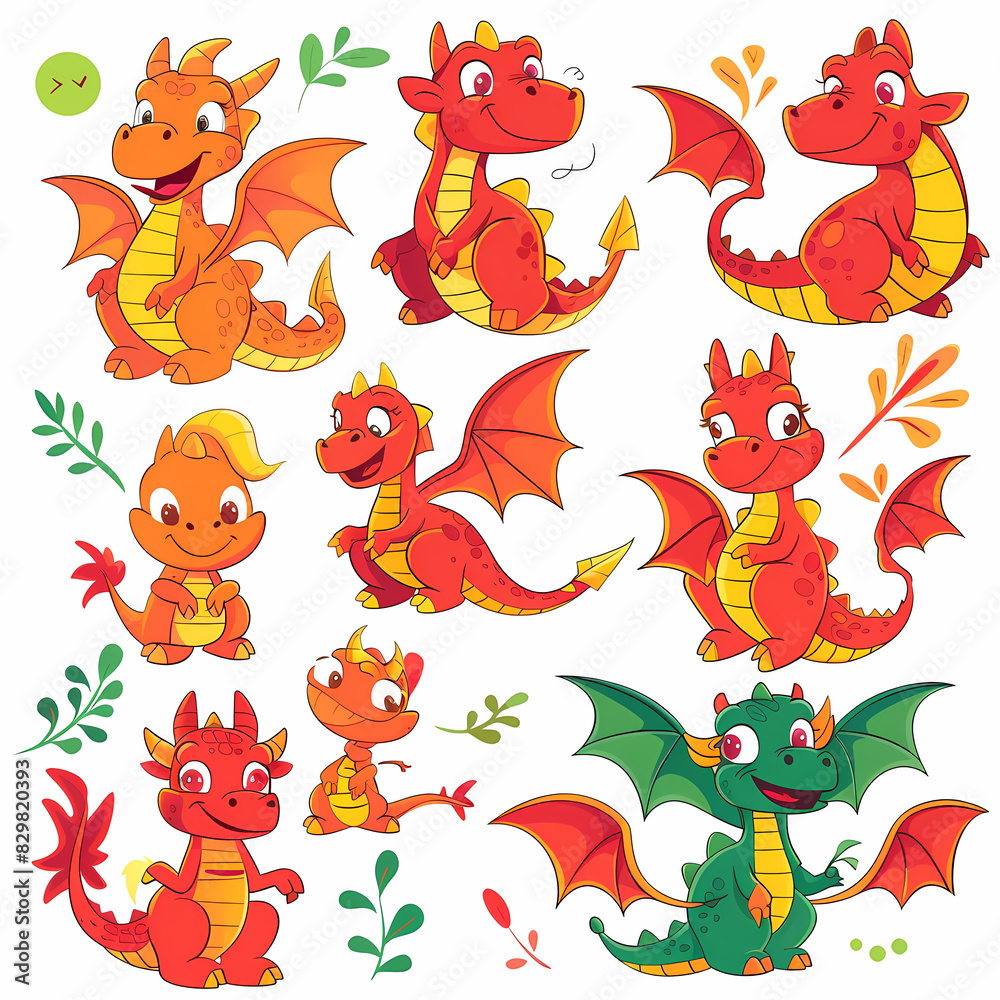 a Set Cute dragon on a White Canvas Sticker,vector image a Set Cute dragon on a White Canvas Sticker,vector image