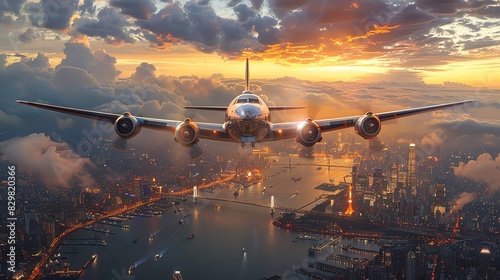 Vintage airplane flying over a city at sunset. photo
