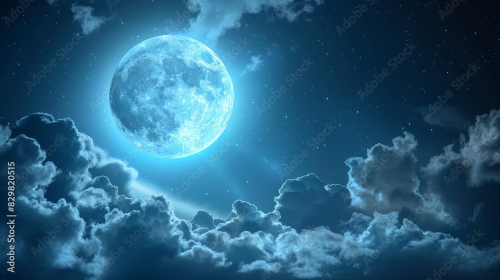 The full moon peeks through the clouds, creating a dramatic and mysterious atmosphere. The play of light and shadow adds depth to the night sky.