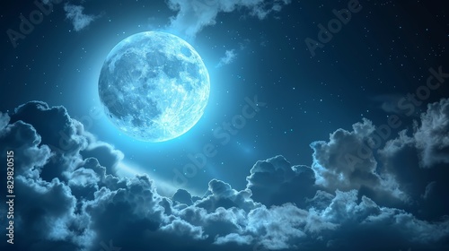The full moon peeks through the clouds  creating a dramatic and mysterious atmosphere. The play of light and shadow adds depth to the night sky.