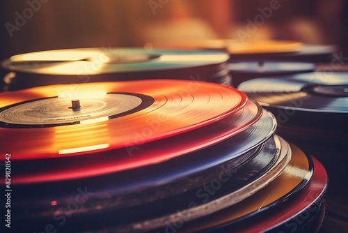 Soft focus on a stack of vintage vinyl records  each with its own textured label. 