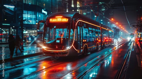 A modern streetcar brightly lit up against an urban night backdrop, the scene captures the hustle and urban transport systems