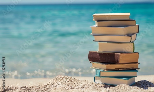 stack of books on the beach with clear blue water background