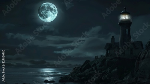 The full moon's light illuminates an old lighthouse, casting long shadows and creating a sense of solitude and history. The scene is both peaceful and haunting.