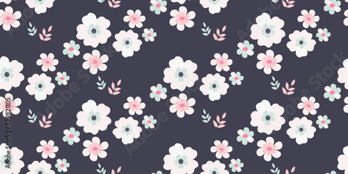 Seamless pattern of abstract flowers on a dark background for printing on fabric and paper.