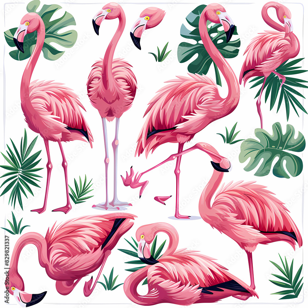 Obraz premium a Set Cute Greater Flamingo on a White Canvas Sticker,vector image