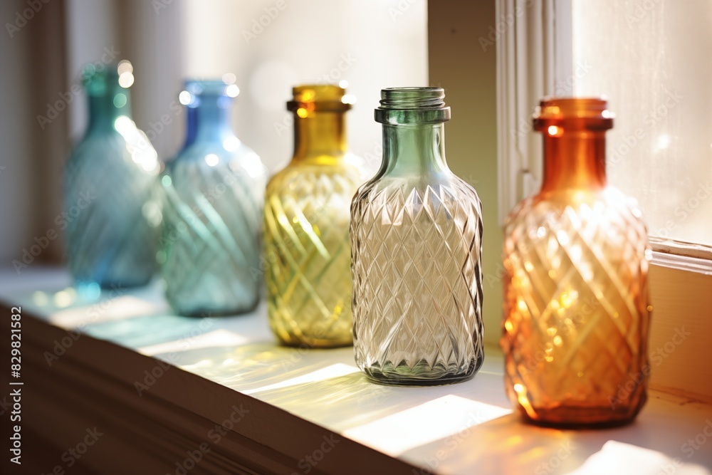 Close-up of textured glass bottles catching sunlight on a windowsill. Close-up of textured glass bottles catching sunlight on a windowsill.