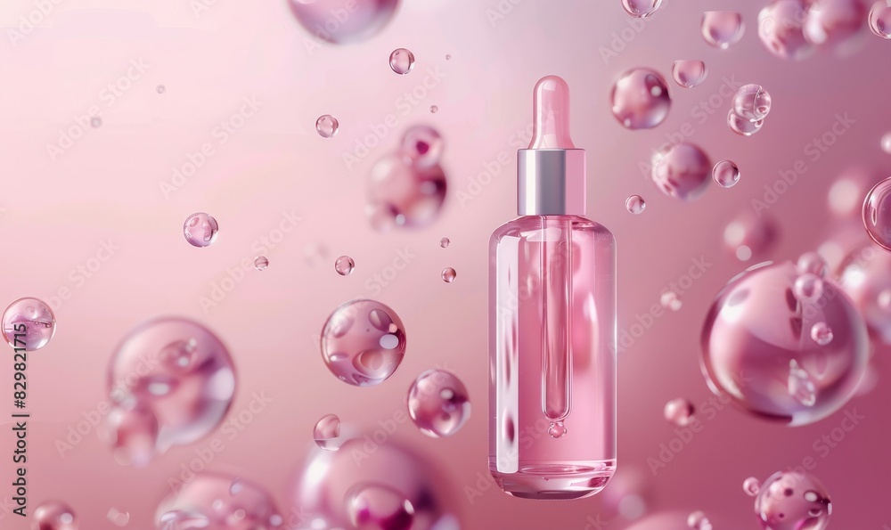 bottle of serum on background with pink bubbles and pastel colors bottle of serum on background with pink bubbles and pastel colors