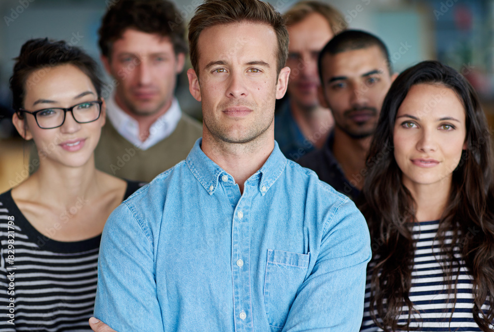 Office, unity and portrait of businessman with confidence for solidarity, team building and trust. Career, manager and employees with pride at work for creative internship, leadership or agency Office, unity and portrait of businessman with confidence for solidarity, team building and trust. Career, manager and employees with pride at work for creative internship, leadership or agency