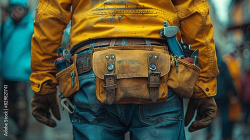 Mid-section of a worker with a worn leather tool belt amidst a vibrant street scene © familymedia