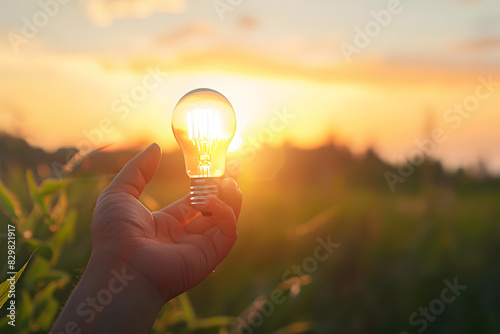 hand holding an energy saving bulb with sunset. concept efficient energy use. generative ai photo