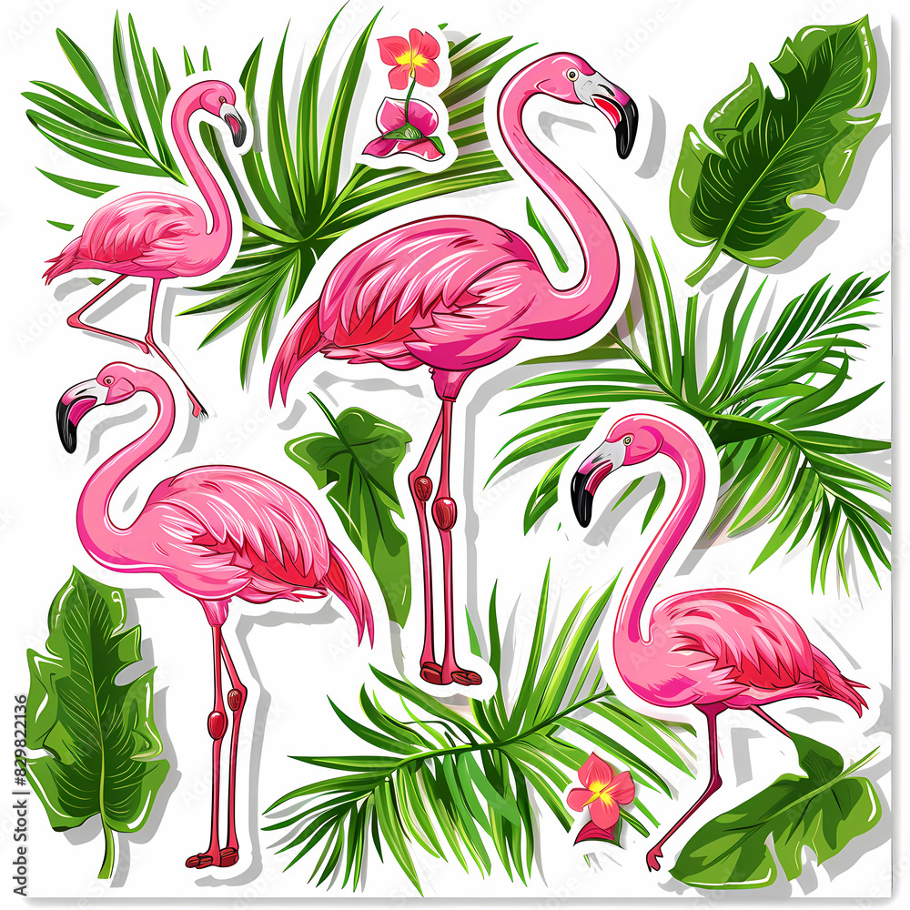 Obraz premium a Set Cute Greater Flamingo on a White Canvas Sticker,vector image