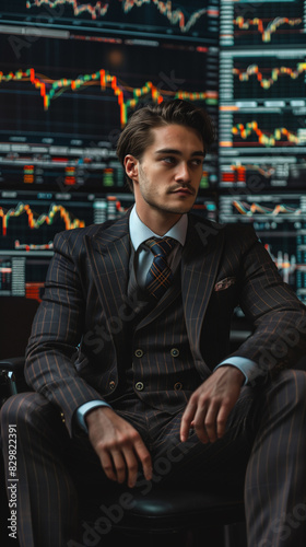 Rich man in suit sitting, background is full of trading charts © Анна Медведєва