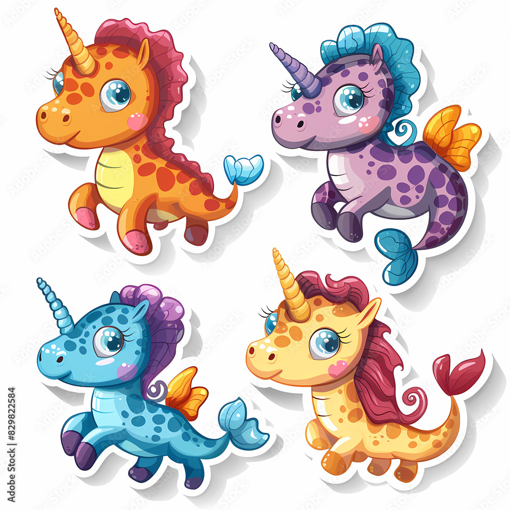 Naklejka premium a Set Cute Hippocampus on a White Canvas Sticker,vector image