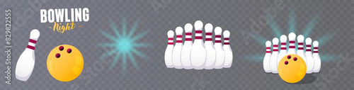 Set of bowling elements. Vector illustration Skittles and balls in various positions on a transparent background